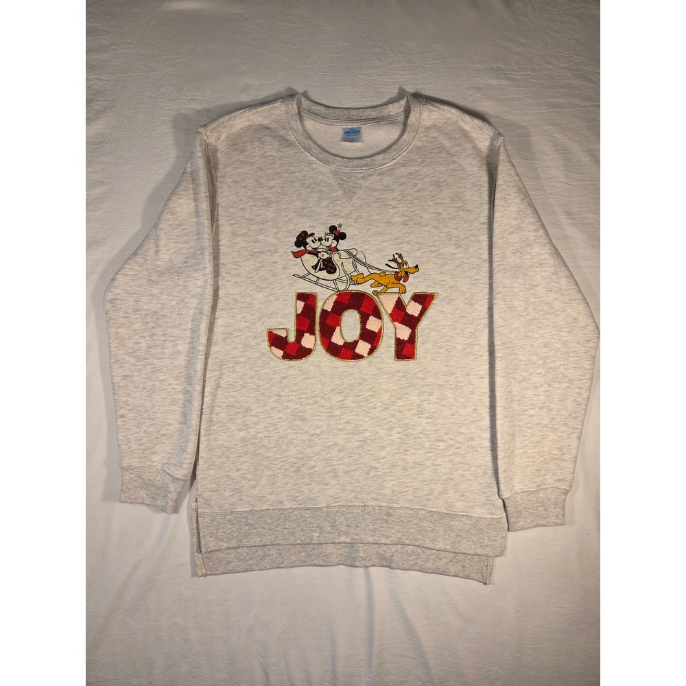 Disney Mickey Mouse Holiday Sweatshirt Womens XS Grey Excellent JOY Plaid Sleigh